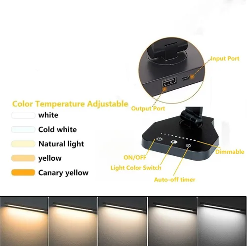 Miniatura 2 de Lámpara LED de escritorio, lámpara de mesa regulable, lámpara de lectura con puerto de carga USB, 5 modos de iluminación, control sensible, Negro
