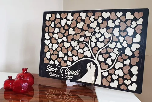 Miniatura 2 de Aşk Aynası Libro de invitados de boda 3D hecho a mano y pintado a mano, árbol de madera alternativo y corazones personalizados