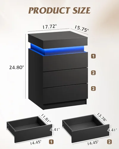 Miniatura 3 de WLIVE Mesita de noche con estación de carga y luces LED, moderna mesita de noche con 3 cajones y parte superior deslizante, mesa auxiliar con Negro