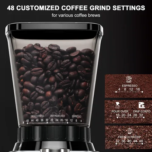 Miniatura 3 de Molinillo de café con rebabas cónicas, molinillo de café eléctrico antiestático para uso doméstico, 48 ajustes de molienda ajustables para 2-12