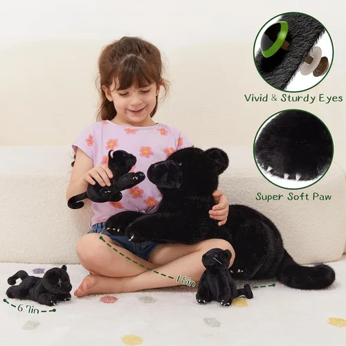 Miniatura 5 de MorisMos Animal de Peluche Pantera Negra con Bebés, 18 pulgadas, Mamá Grande y Bebé Juguetes de Pantera de Peluche para Niños y Niñas, Paquete de 4