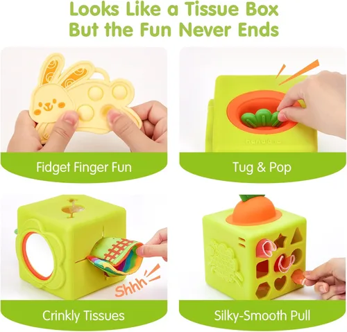 Miniatura 4 de hahaland Caja de pañuelos de silicona para bebé, juguetes Montessori de 6 a 12 meses, juguetes Montessori para bebés de 6 meses, cubo de actividades