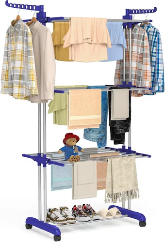 Miniatura 9 de Bigzzia Estante de secado de ropa de 3 niveles, estante de secado de lavandería de 57 pulgadas, estante plegable de acero inoxidable para niños, Gris