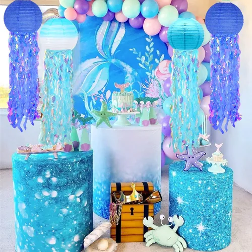 Miniatura 4 de 6 paquetes de linternas de papel de medusa con deseos de sirena colgantes, tema de cielo azul degradado y océano azul, suministros de fiesta