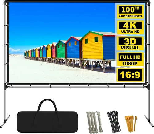 GZKYYLEGS Pantalla de proyector con soporte, pantalla de proyector para exteriores de 100 pulgadas y soporte, pantalla de cine gruesa sin arrugas y