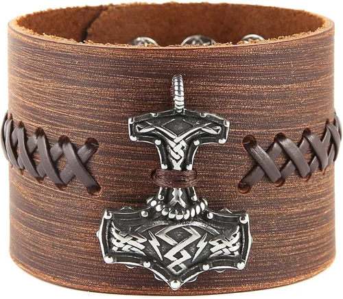 Miniatura 2 de HZMAN Mjölnir - Pulsera de piel auténtica para hombre, diseño gótico, ajustable, estilo gótico