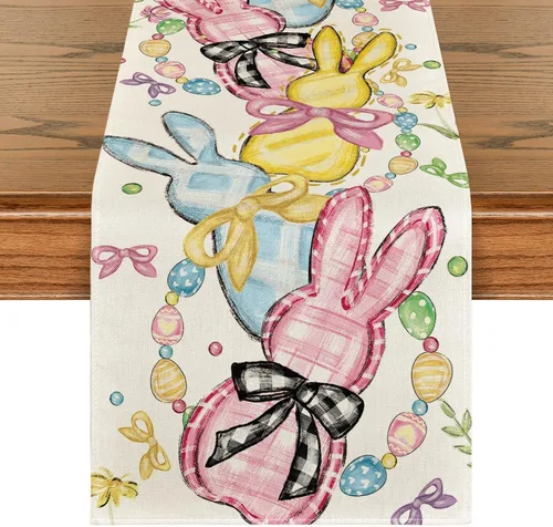 Artoid Mode Camino de mesa de Pascua con lazo floral, conejo, conejo, huevos, Pascua, decoración de mesa de comedor de primavera para decoración de