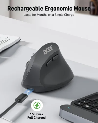 Miniatura 4 de Acer Ratón Ergonómico Inalámbrico, Ratón Vertical con DPI Ajustable 1000/1200/1600 con 6 Botones, Ratón Ergo Recargable con Receptor USB de 2.4GHz