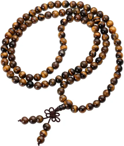 Jovivi Collar tibetano de 0.236 in 0.315 in, 108 cuentas de piedras preciosas naturales de ojo de tigre de oración Mala