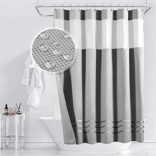 Miniatura 14 de Yimobra Juego de cortinas de ducha de tejido gofre con forro de tela a presión, tela pesada con 12 ganchos, impermeable y lavable, ventana superior