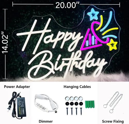 Miniatura 5 de Letrero de neón de feliz cumpleaños, letrero de fiesta con luz LED de 20 pulgadas para decoración de pared con enchufe USB, letrero iluminado