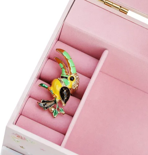 Miniatura 5 de Joyero musical para niños con cajón grande y piedras de circonita, juego de joyas con unicornio giratorio y diseño de mariposa arcoíris