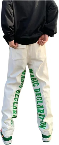 MEOKIM Pantalones de mezclilla bordados con letras góticas, estilo callejero Harajuku, sueltos, hip-hop, recto, tubo para hombre