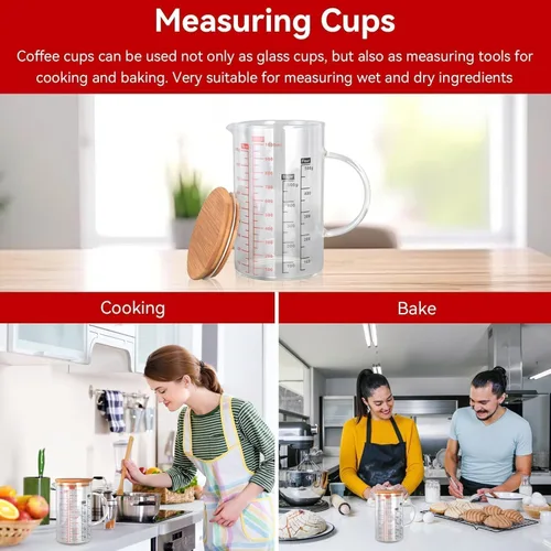 Miniatura 5 de Taza medidora de vidrio transparente, taza medidora de vidrio con tapa Taza medidora con escalas de medición y boquilla para cocina o restaurante