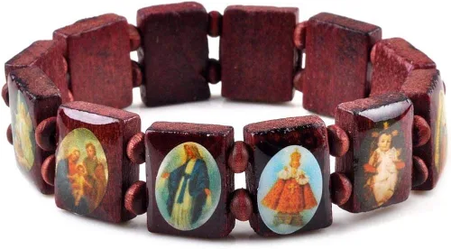 Miniatura 6 de yantu Pulsera elástica de panel pequeño de madera extraíble con imágenes de santos religiosos, Jesús y rosario, Madera