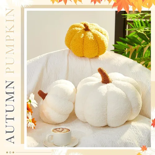 Miniatura 7 de Juexica 3 piezas de almohada de calabaza de felpa esponjosa con forma de calabaza 3D, decoración de otoño, Acción de Gracias, Halloween, cojín