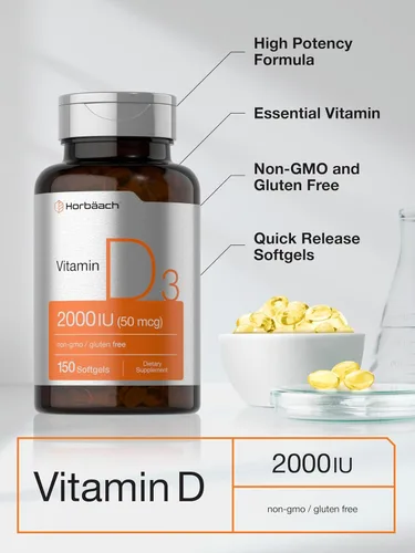 Miniatura 4 de Horbaach Vitamina D3 2000IU cápsulas blandas 150 unidades 50 mcg colecalciferol Suplemento sin OMG y sin gluten