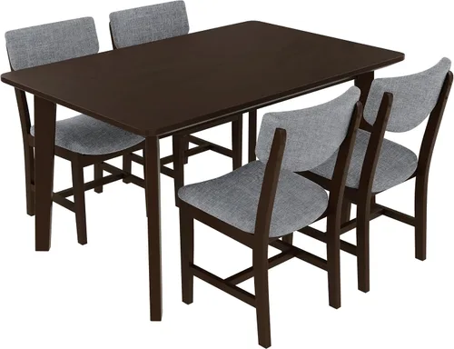 Miniatura 7 de Mesa de comedor de madera de 5 piezas y 4 sillas tapizadas, mesa rectangular con sillas, asiento y respaldo acolchados de lino para comedor, cocina