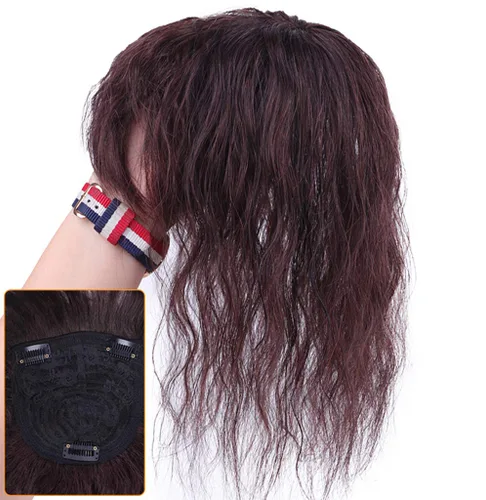 Miniatura 8 de 3 x 4.7 pulgadas con clip superior para mujer, cabello humano ligeramente rizado con flequillo lateral, color marrón oscuro, 10 pulgadas