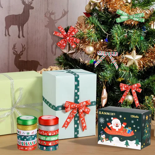 Miniatura 3 de SANNIX 12 rollos de cinta de Navidad de 60 yardas para envoltura de regalos, cinta de envoltura de Navidad de 3/8 pulgadas con estampado de copos