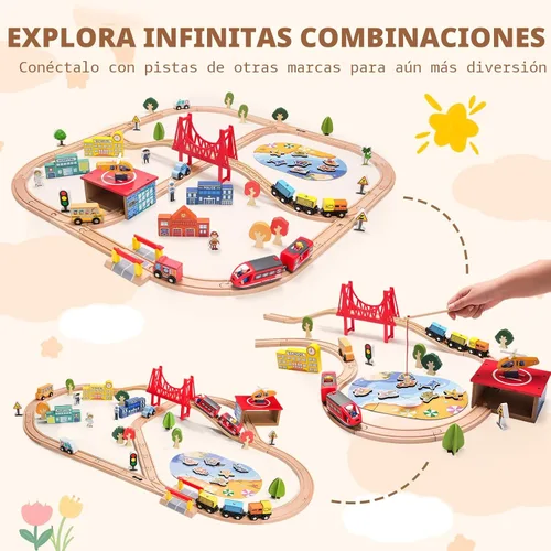 Miniatura 5 de Juego de tren de madera de 118 piezas, juego de tren urbano con tren eléctrico y juego de pesca, compatible con las principales marcas, regalo ideal