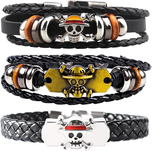Nuahyaz Pulseras de cuero de anime Sombrero de paja Luffy cráneo regimiento Pulsera de aleación punk, regalo de joyería de cosplay para fanáticos