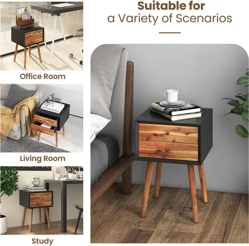 Miniatura 8 de GOFLAME Mesita de noche con 2 cajones, pequeña mesa auxiliar de madera, moderna de mediados de siglo con almacenamiento, mesa auxiliar compacta