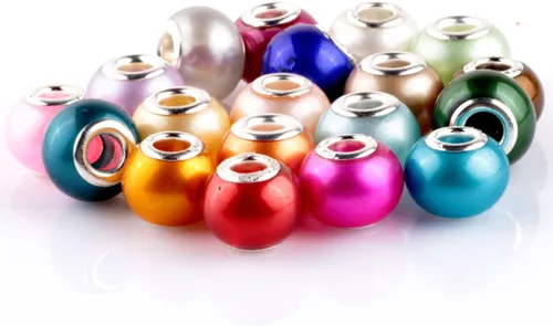 Miniatura 8 de RUBYCA Mezcla de perlas de imitación de cristal de Murano pulsera de encanto europeo espaciador color plata 100pcs DIY