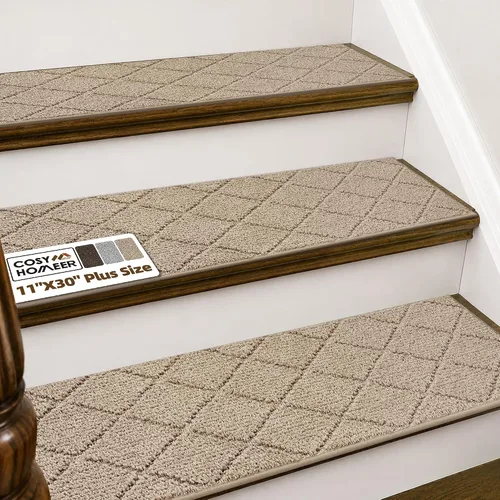 Miniatura 58 de COSY HOMEER - Alfombra antideslizante para escaleras, para interiores y escalones de madera, para niños y perros, 100 % poliéster, base de Beige