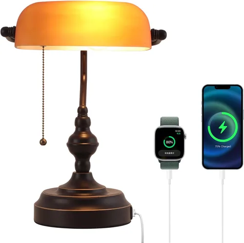 Miniatura 10 de Lámpara de escritorio de banquero de cristal verde, lámparas de escritorio antiguas con puerto de carga USB, lámpara tradicional de biblioteca