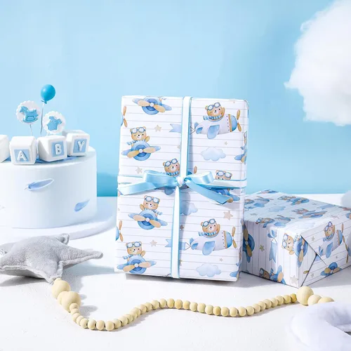 Miniatura 6 de WRAPAHOLIC Papel de regalo de oso para baby shower, mini rollo, 3 rollos, 17 x 120 pulgadas, diseño de oso de aventura en avión y fiesta para baby