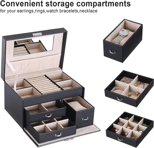 Miniatura 5 de BEWISHOME Caja organizadora de joyas de 20 secciones con candado, estuche portátil de almacenamiento de joyas para mujeres y niñas, aretes, anillo