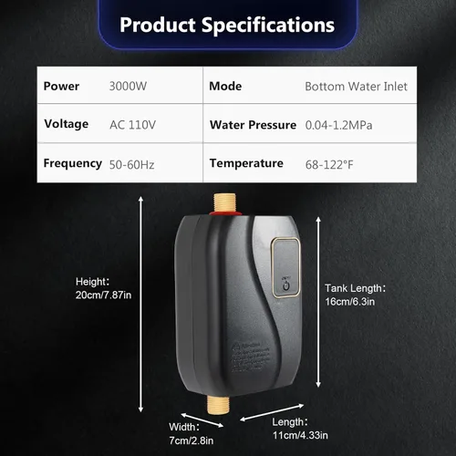Miniatura 7 de Calentador de agua eléctrico, calentador de agua caliente de 3000 W 110 V, mini calentador de agua eléctrico instantáneo sin tanque, calentador