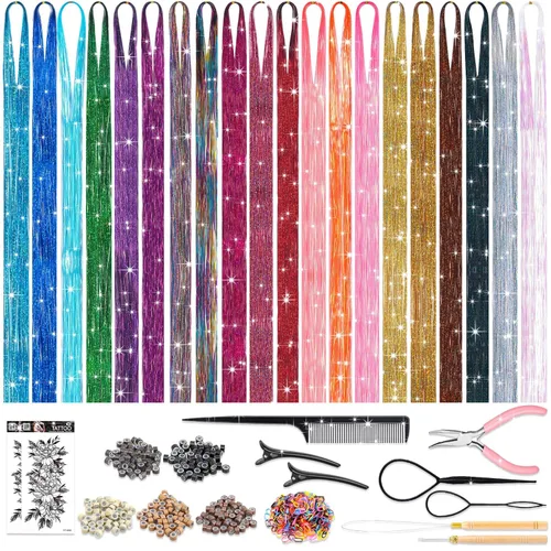 ROADPLUM Kit de oropel para el cabello con herramientas, 20 colores, 4000 hebras de cabello de oropel brillante resistente al calor, extensiones de