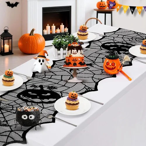 Miniatura 3 de B-COOL Camino de mesa de telaraña de Halloween, tela de araña negra, 2 paquetes de 18 x 72 pulgadas, mantel espeluznante de poliéster para fiestas