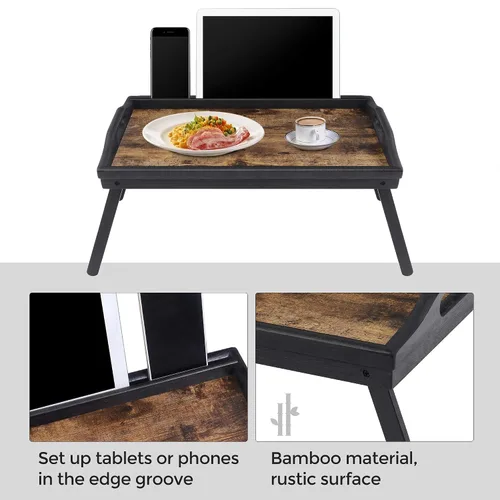 Miniatura 2 de SONGMICS Mesa de cama con patas plegables de bambú, bandeja de desayuno para sofá, bandeja de servir con ranura para tableta de teléfono, marrón