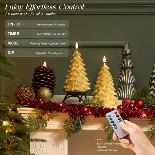 Miniatura 5 de LUSHARBOR Velas sin llama con control remoto y temporizador, pack de 2 Velas de árbol de Navidad, velas LED operadas por batería, de cera real