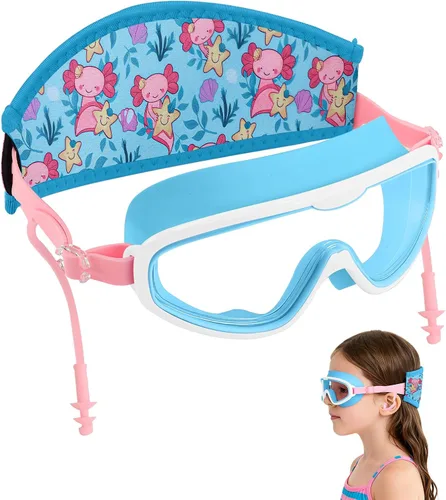 Axolotl - Gafas de natación para niños pequeños, correa de tela, sin dolor, antiniebla, tapones para los oídos antifugas para niños y niñas Azul