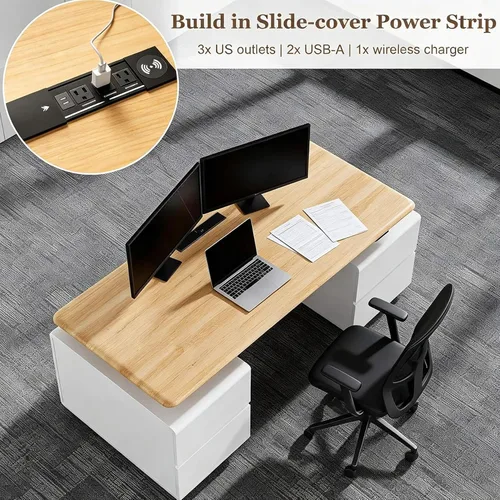 Miniatura 5 de SAINTCY Escritorio ejecutivo de 70.8 pulgadas con almacenamiento, moderno escritorio eléctrico de altura ajustable de color blanco, pedestales