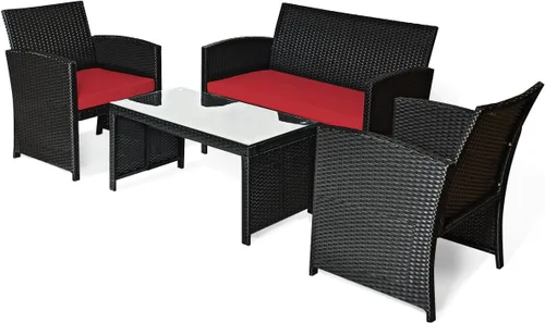 Miniatura 9 de COSTWAY Juego de muebles de ratán de patio de 4 piezas, juego de conversación de mimbre para exteriores con cojines suaves y mesa de centro de Rojo