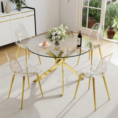 Miniatura 10 de Juego de mesa de comedor de cristal redondo transparente para 4, juego de mesa de cocina circular de 5 piezas, juego de mesa de comedor circular