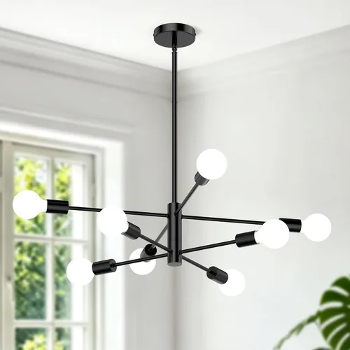 Miniatura 13 de Candelabros Sputnik Modernos para Comedor, Altura Ajustable Semi Empotrado Negro y Dorado Candelabro Lámpara de Techo Montaje 6 Luces Mediados