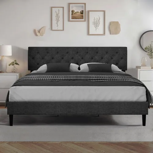 Miniatura 31 de HOMBCK Marco de Cama Queen con Cabecera Capitoné con Botones, Marco de Cama de Plataforma Tapizada Azul, Tela Suave/Soporte de Listones de Madera/No