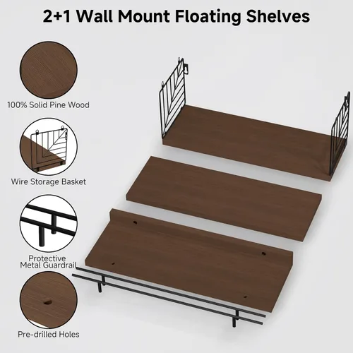Miniatura 4 de Estantes flotantes para pared, estante flotante para baño, juego de 3, estante flotante para pared con soporte de papel higiénico para baño, Marrón