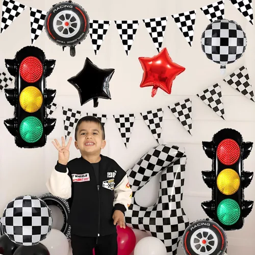 Miniatura 6 de Globos de carreras para decoración de fiesta de cumpleaños, globos de semáforo de 32 pulgadas, pancarta a cuadros, globos de neumáticos