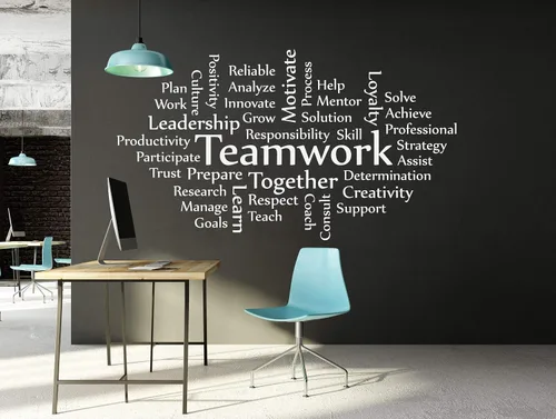 Vinilo decorativo para pared, grupo de palabras de trabajo en equipo, motivacional e inspirador, nube de palabras para negocios, trabajo, oficina,