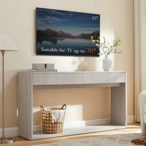 Miniatura 7 de OKD Mesa consola acanalada de 63 pulgadas para entrada, mesa de entrada moderna con 2 cajones grandes, mesa de sofá larga detrás del sofá para sala