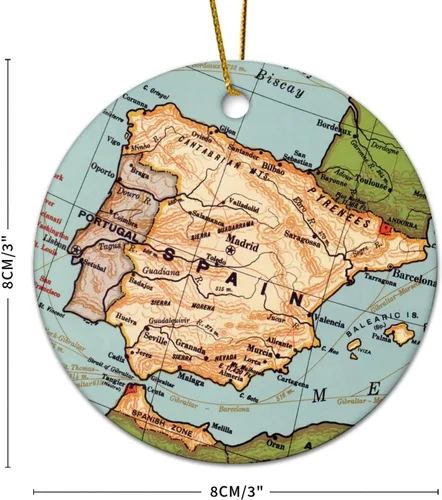 Miniatura 2 de Adorno de Navidad con mapa de España, adorno de árbol de Navidad, destino de 3.2 pulgadas, dos lados impresos con cuerda dorada, adorno moderno