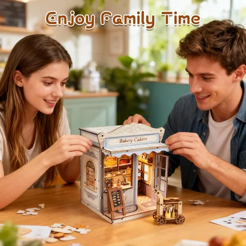 Miniatura 7 de Kit de construcción de casa en miniatura DIY, kit de rincón de lectura de panadería, rompecabezas de madera en 3D para estanterías, kit de casa