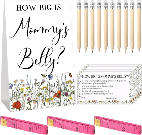 Miniatura 29 de Sabary 64 Piezas Juegos de Baby Shower Incluyen Letrero How Big is Mommy's Belly Sign Measure Bump Game 50 Tarjetas 10 Lápices 3 Cintas Métricas